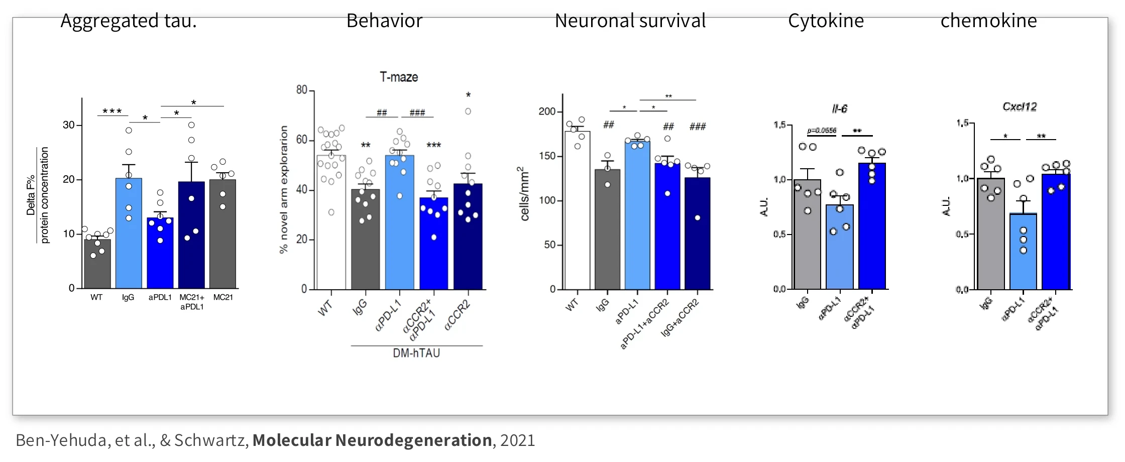 Aggregated tau, behavior, neuronal survival, cytokine and chemokine panels with and without CCR2 blockade (Ben-Yehuda et al., Molecular Neurodegeneration, 2021).
