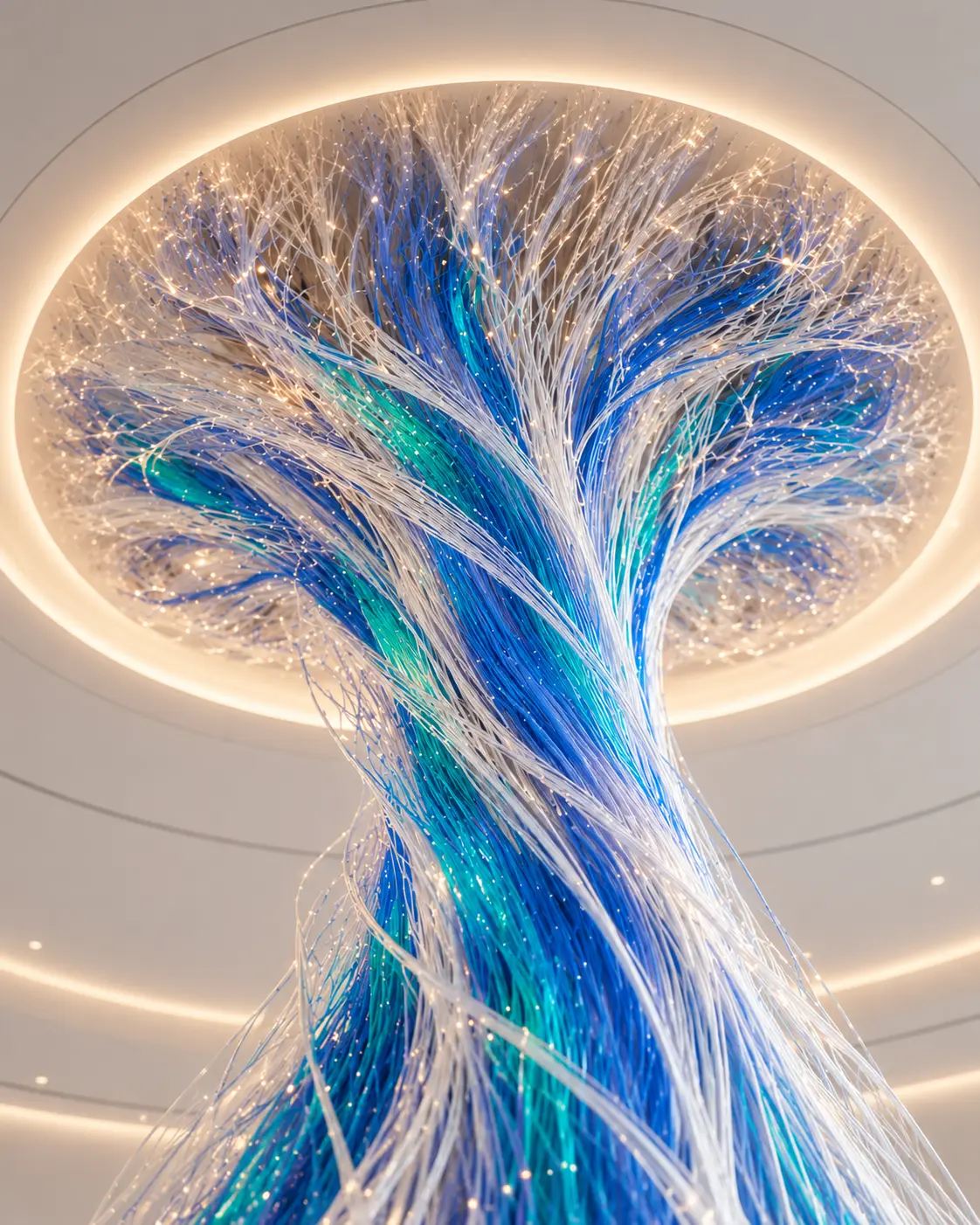 Blue and white branching filament installation