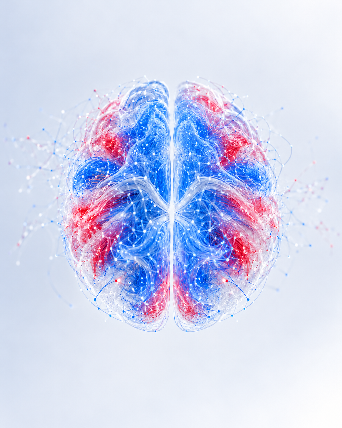 Brain formed from blue, white and pink neural filaments