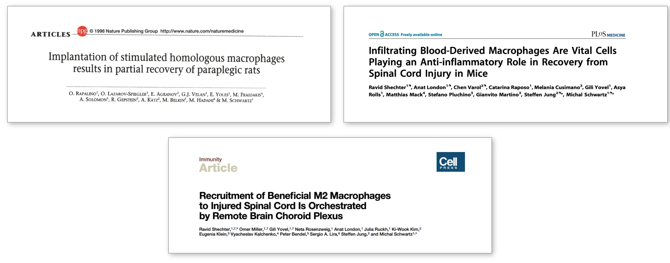 Three publications on macrophages in CNS repair. Although 10% of the cells in the CNS are myeloid cells (microglia), they are not sufficient for CNS repair under acute conditions.